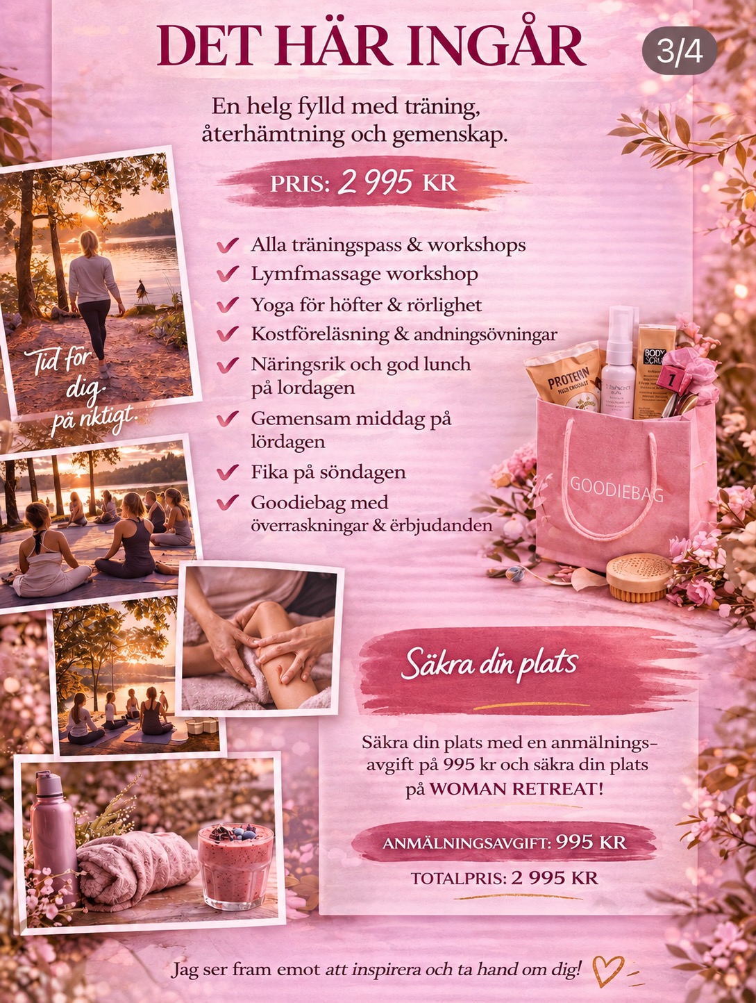 Woman Retreat – det här ingår: pass, workshops, yoga, kostföreläsning, måltider, goodiebag